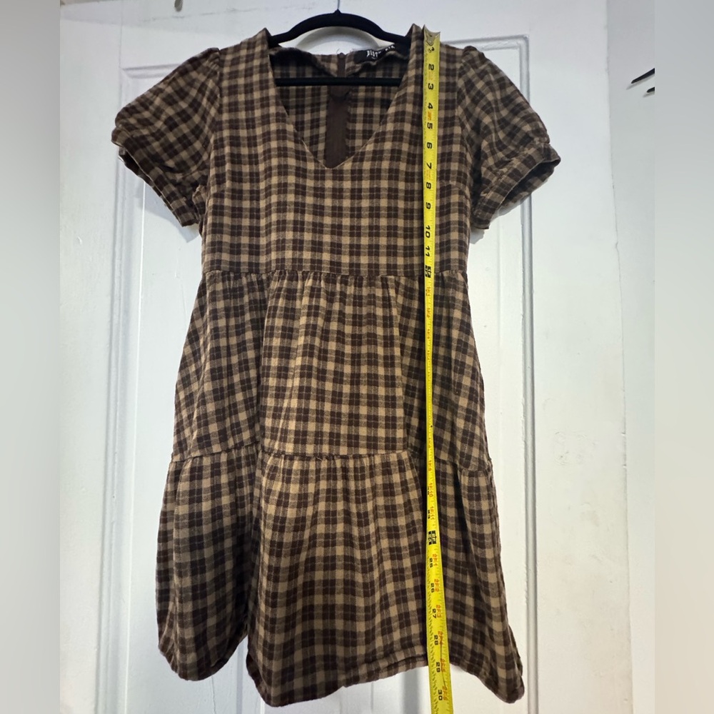 Disturbia- Brown Plaid V-Neck Tiered Short Dress - Picture 6 of 8